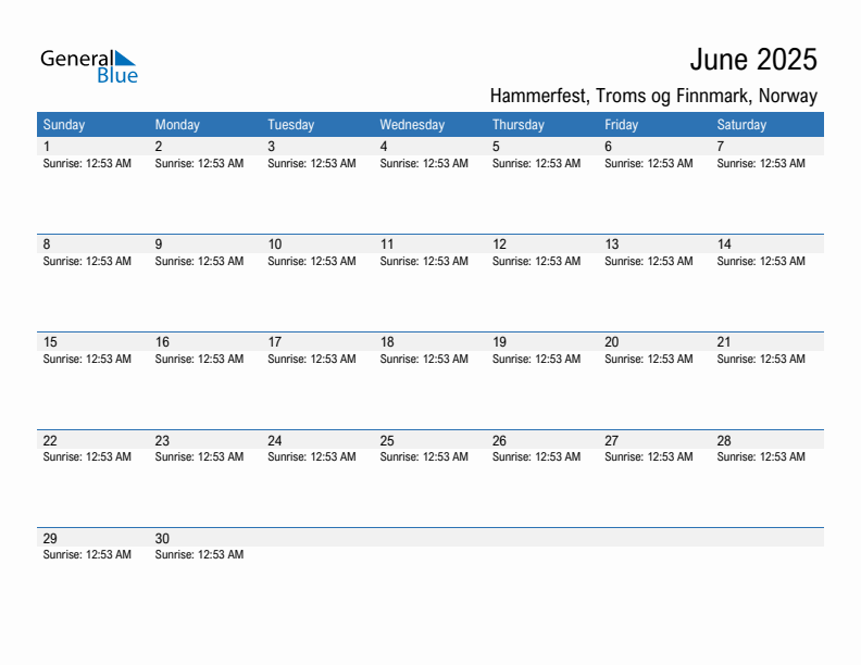 Hammerfest June 2025 sunrise and sunset calendar in PDF, Excel, and Word