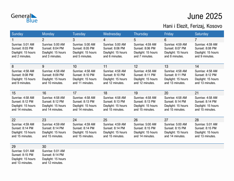 Hani i Elezit June 2025 sunrise and sunset calendar in PDF, Excel, and Word