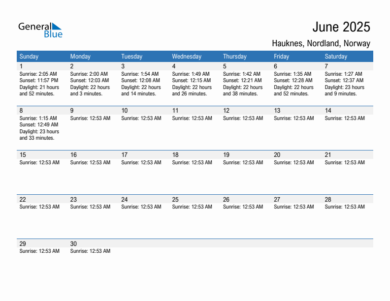 Hauknes June 2025 sunrise and sunset calendar in PDF, Excel, and Word