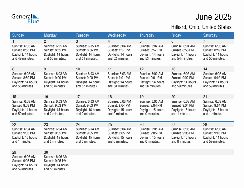 Hilliard June 2025 sunrise and sunset calendar in PDF, Excel, and Word