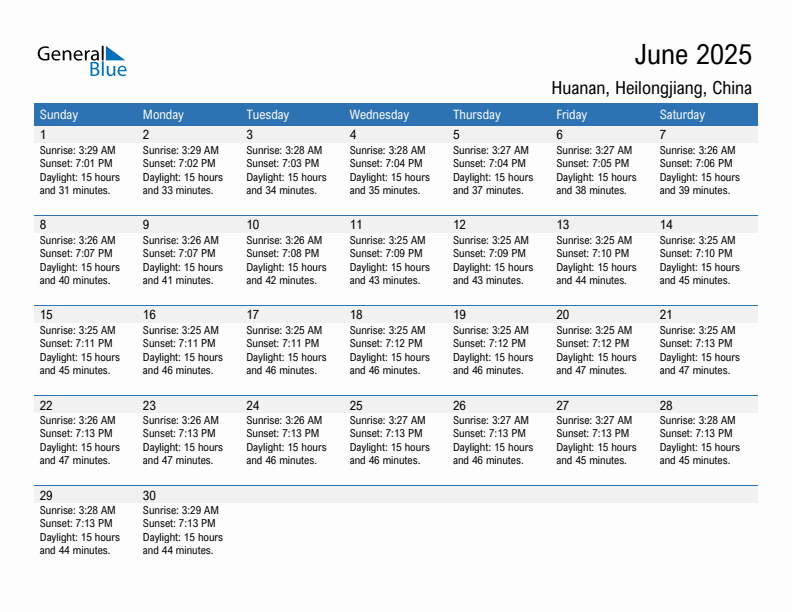 Huanan June 2025 sunrise and sunset calendar in PDF, Excel, and Word