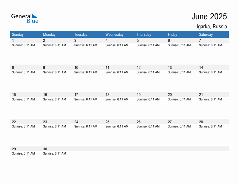 Igarka June 2025 sunrise and sunset calendar in PDF, Excel, and Word