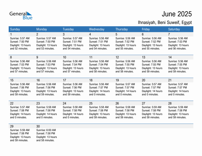 Ihnasiyah June 2025 sunrise and sunset calendar in PDF, Excel, and Word