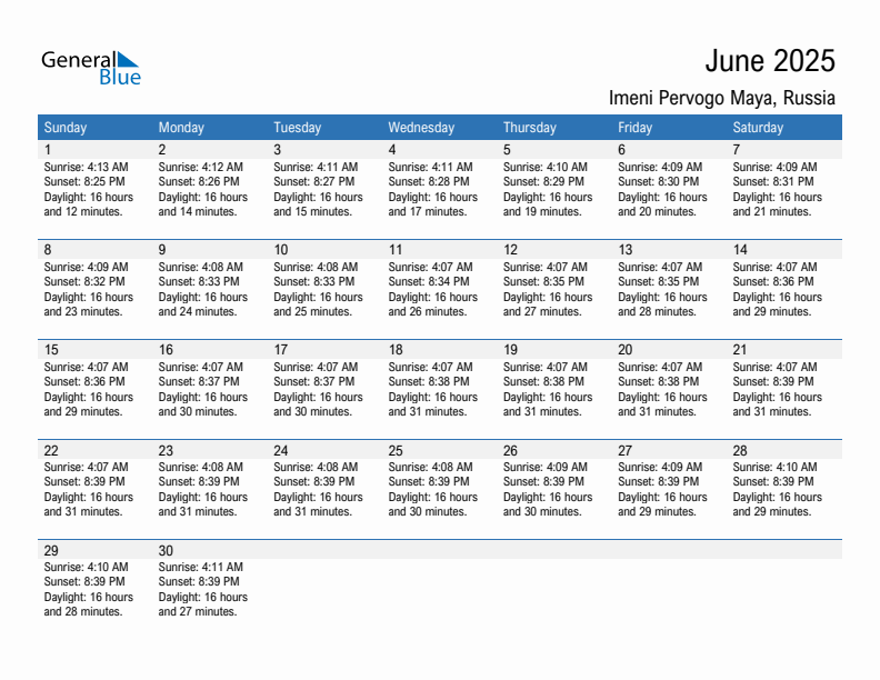 Imeni Pervogo Maya June 2025 sunrise and sunset calendar in PDF, Excel, and Word