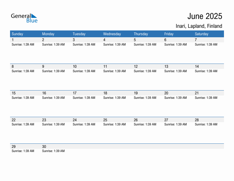 Inari June 2025 sunrise and sunset calendar in PDF, Excel, and Word