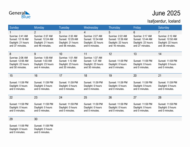 Isafjoerdur June 2025 sunrise and sunset calendar in PDF, Excel, and Word