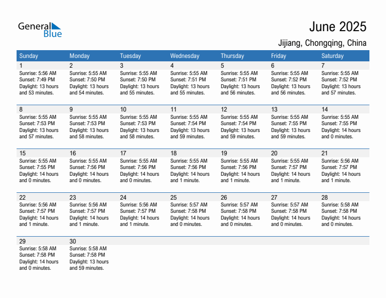 Jijiang June 2025 sunrise and sunset calendar in PDF, Excel, and Word