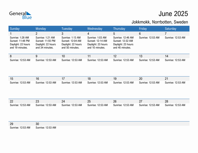 Jokkmokk June 2025 sunrise and sunset calendar in PDF, Excel, and Word