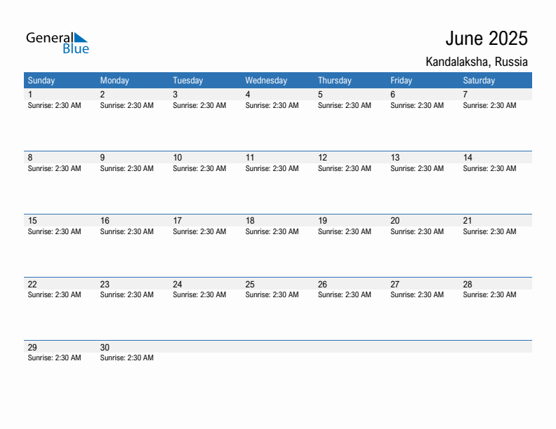 Kandalaksha June 2025 sunrise and sunset calendar in PDF, Excel, and Word