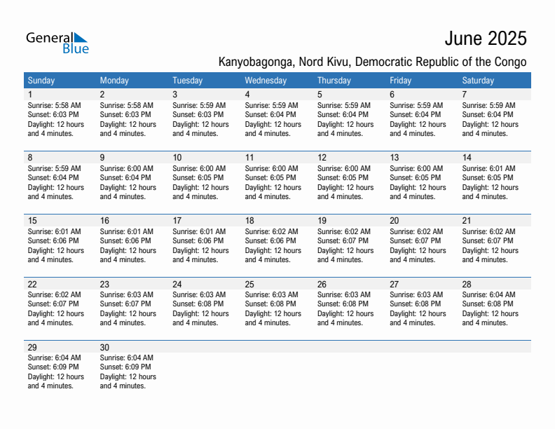 Kanyobagonga June 2025 sunrise and sunset calendar in PDF, Excel, and Word