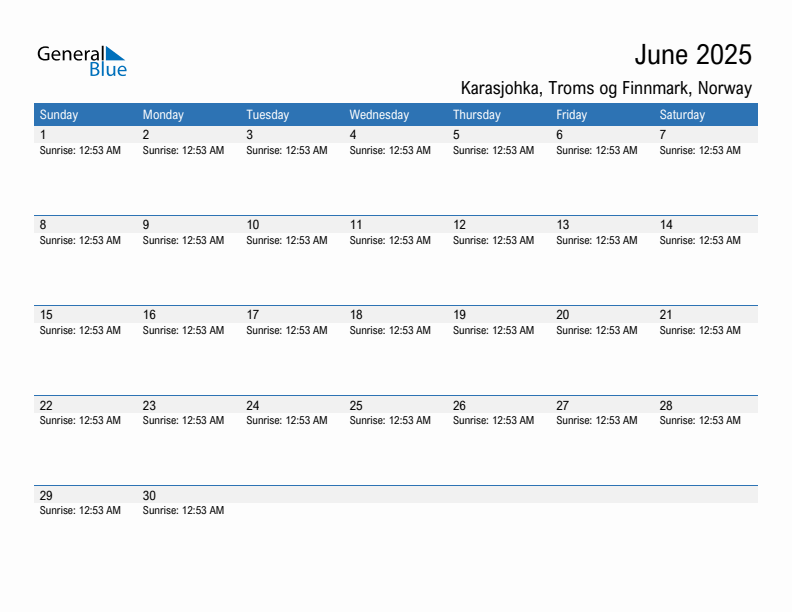 Karasjohka June 2025 sunrise and sunset calendar in PDF, Excel, and Word