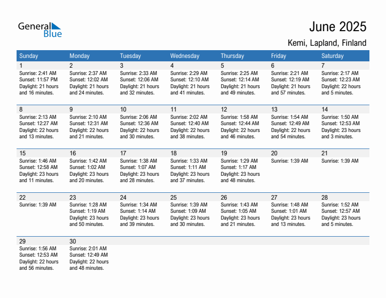 Kemi June 2025 sunrise and sunset calendar in PDF, Excel, and Word