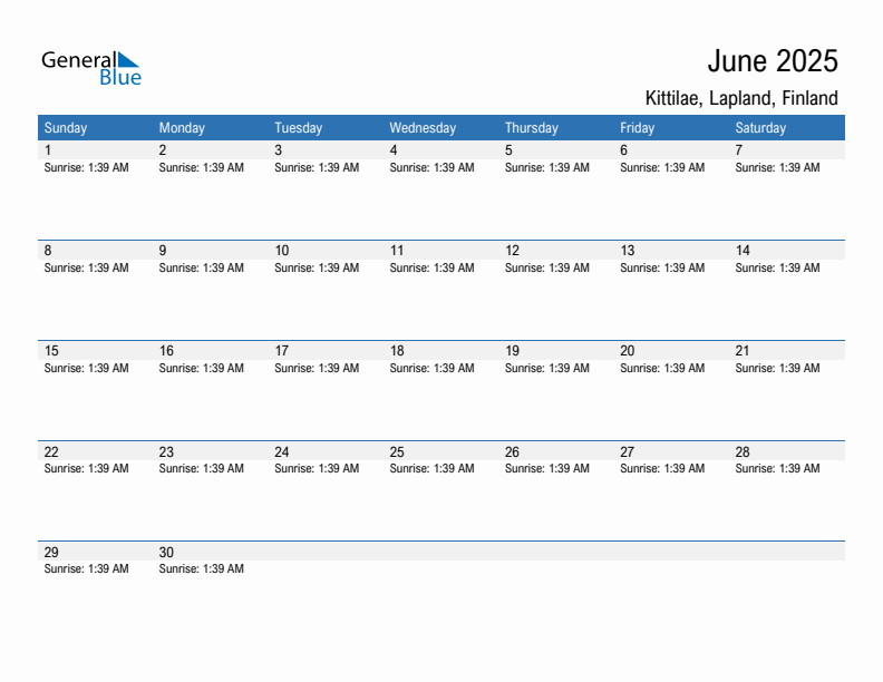 Kittilae June 2025 sunrise and sunset calendar in PDF, Excel, and Word