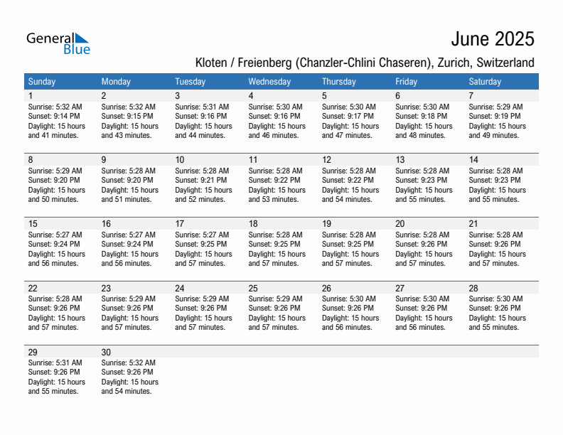 Kloten / Freienberg (Chanzler-Chlini Chaseren) June 2025 sunrise and sunset calendar in PDF, Excel, and Word