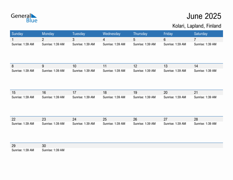 Kolari June 2025 sunrise and sunset calendar in PDF, Excel, and Word