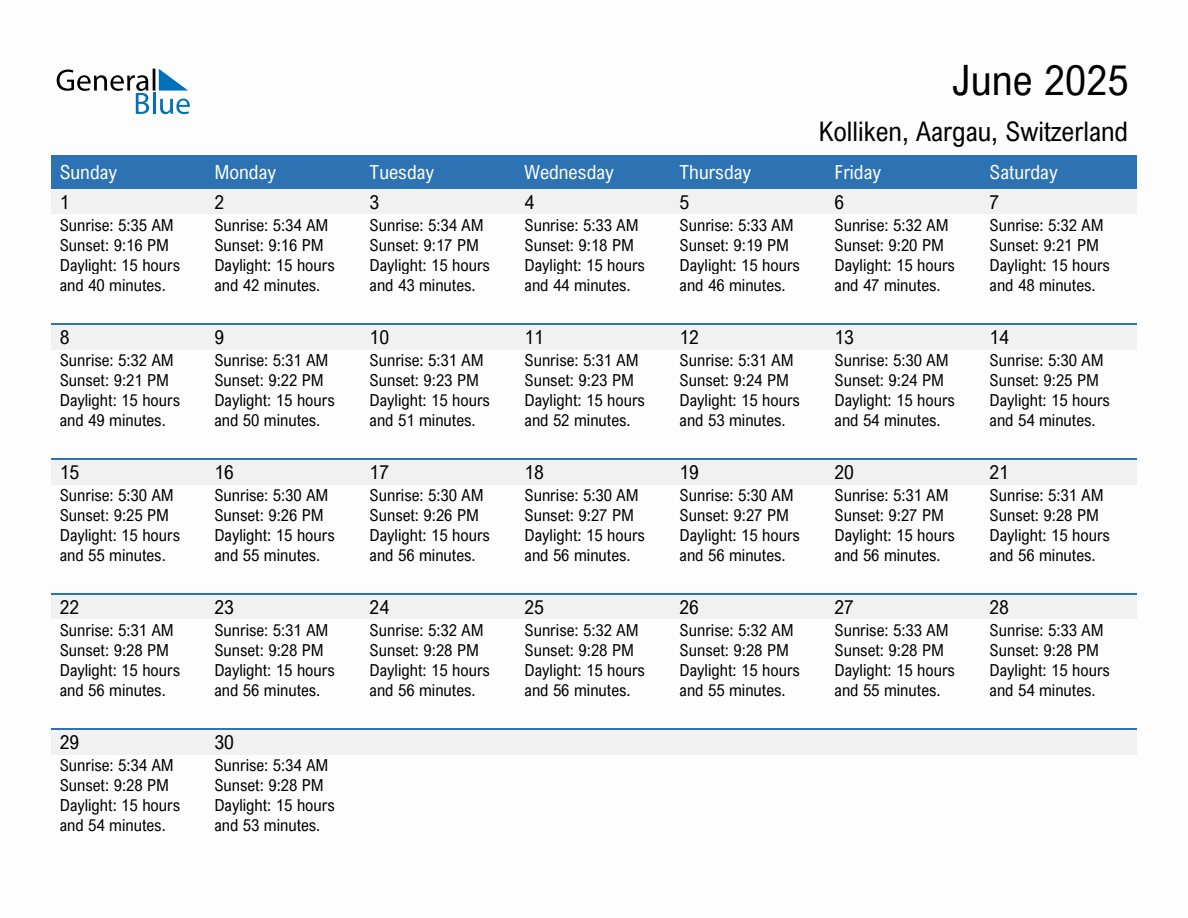June 2025 sunrise and sunset calendar for Kolliken