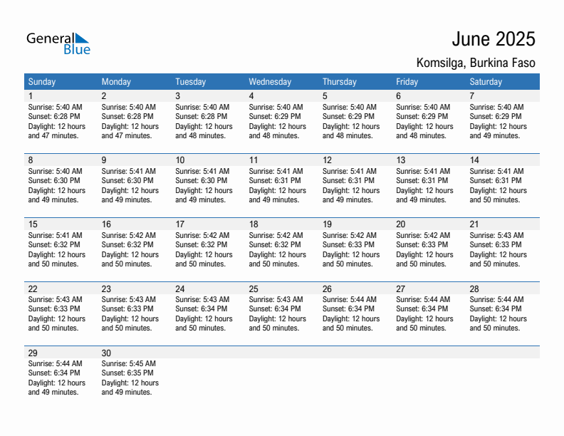 Komsilga June 2025 sunrise and sunset calendar in PDF, Excel, and Word