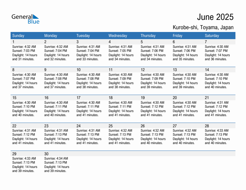 Kurobe-shi June 2025 sunrise and sunset calendar in PDF, Excel, and Word