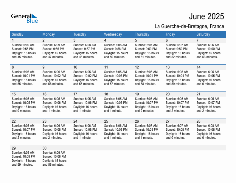 La Guerche-de-Bretagne June 2025 sunrise and sunset calendar in PDF, Excel, and Word