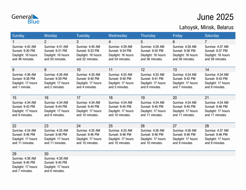 Lahoysk June 2025 sunrise and sunset calendar in PDF, Excel, and Word