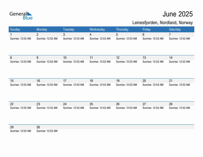 Leinesfjorden June 2025 sunrise and sunset calendar in PDF, Excel, and Word