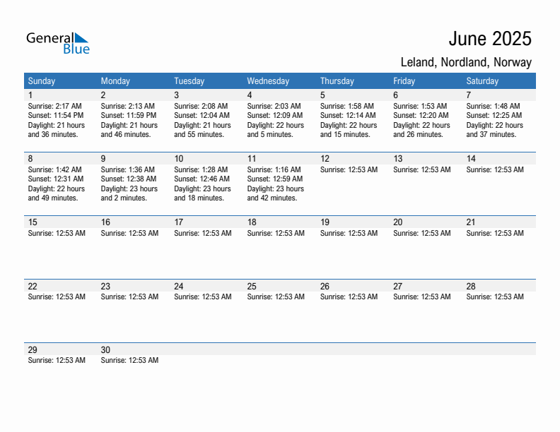 Leland June 2025 sunrise and sunset calendar in PDF, Excel, and Word