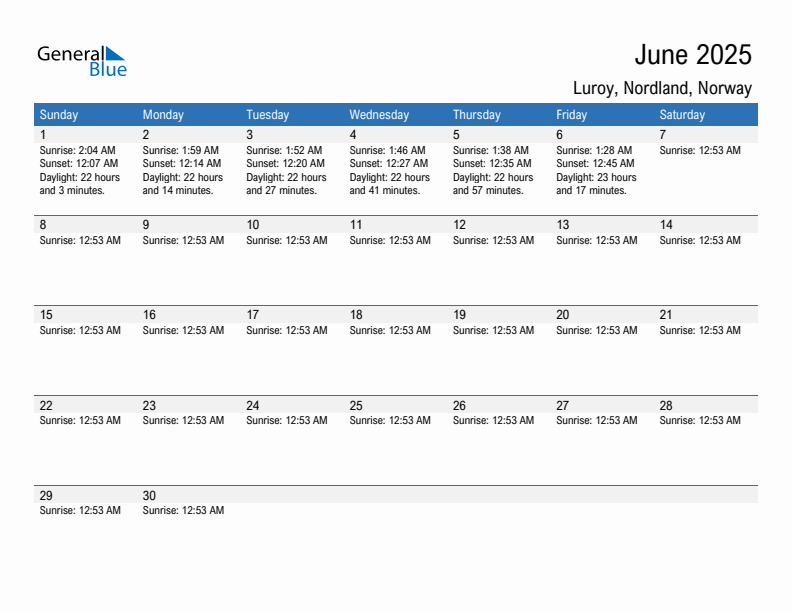 Luroy June 2025 sunrise and sunset calendar in PDF, Excel, and Word