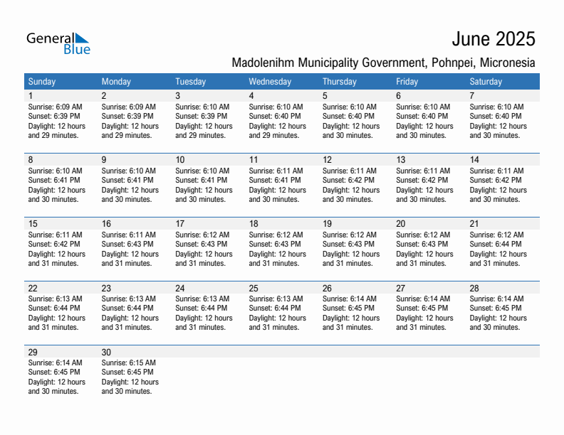 Madolenihm Municipality Government June 2025 sunrise and sunset calendar in PDF, Excel, and Word