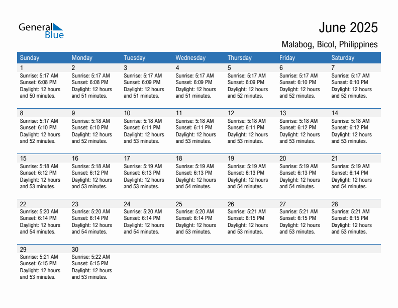 Malabog June 2025 sunrise and sunset calendar in PDF, Excel, and Word