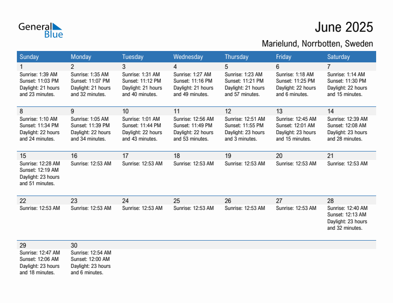 Marielund June 2025 sunrise and sunset calendar in PDF, Excel, and Word