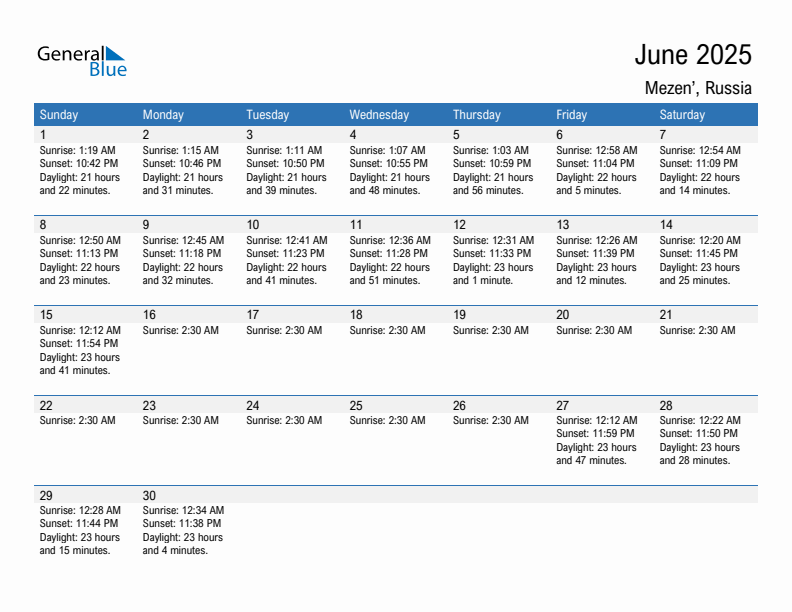 Mezen' June 2025 sunrise and sunset calendar in PDF, Excel, and Word