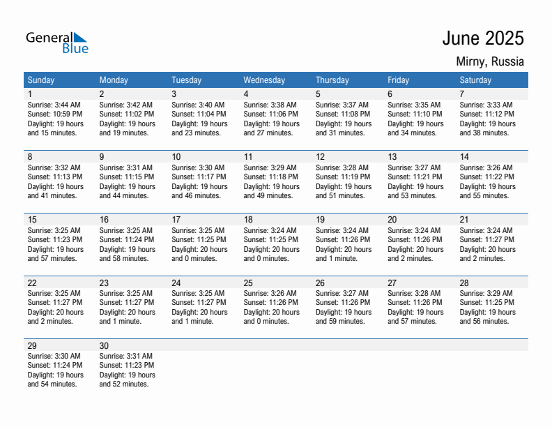 Mirny June 2025 sunrise and sunset calendar in PDF, Excel, and Word