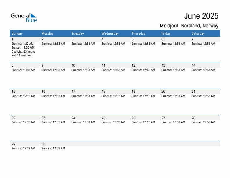 Moldjord June 2025 sunrise and sunset calendar in PDF, Excel, and Word