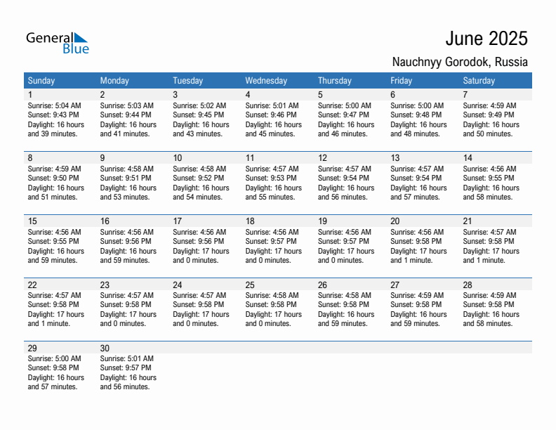 Nauchnyy Gorodok June 2025 sunrise and sunset calendar in PDF, Excel, and Word