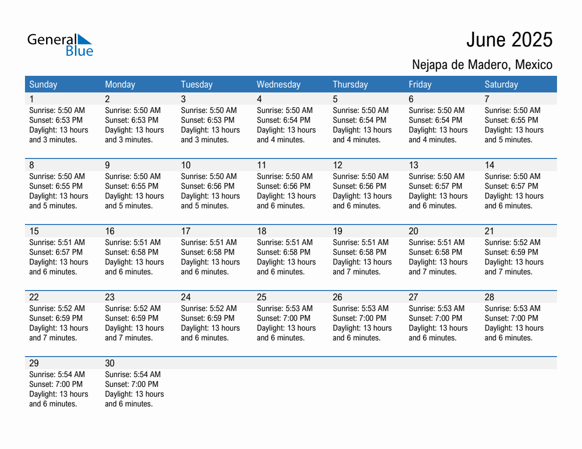 June 2025 sunrise and sunset calendar for Nejapa de Madero