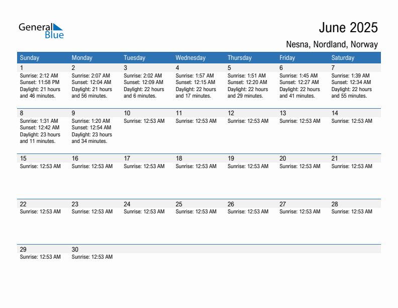 Nesna June 2025 sunrise and sunset calendar in PDF, Excel, and Word