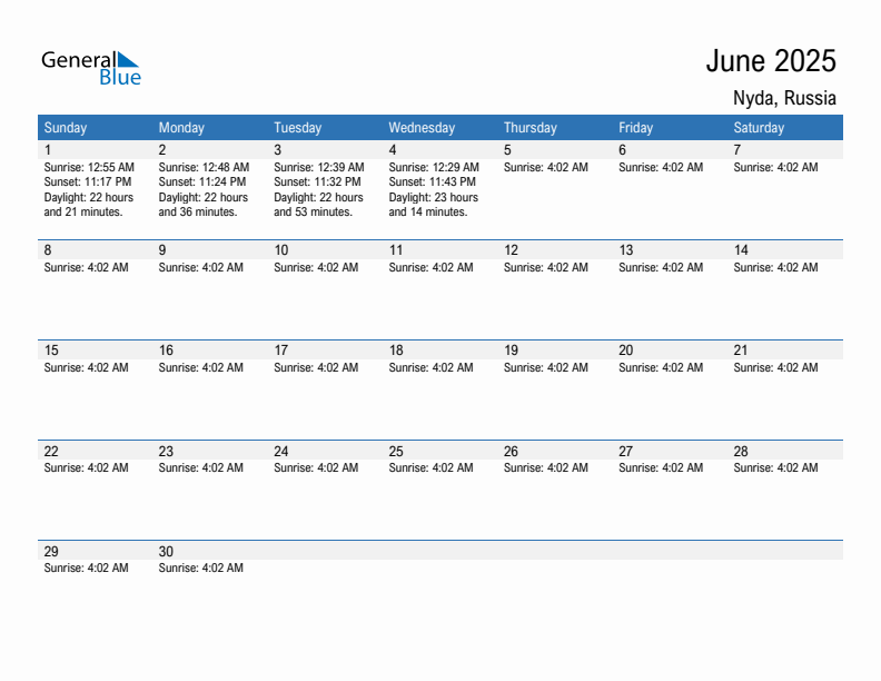 Nyda June 2025 sunrise and sunset calendar in PDF, Excel, and Word