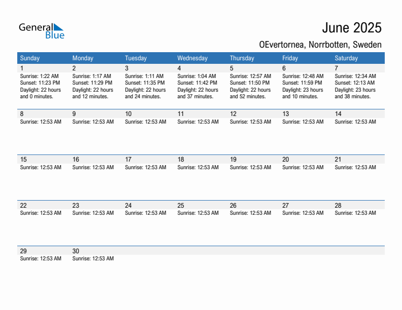 OEvertornea June 2025 sunrise and sunset calendar in PDF, Excel, and Word