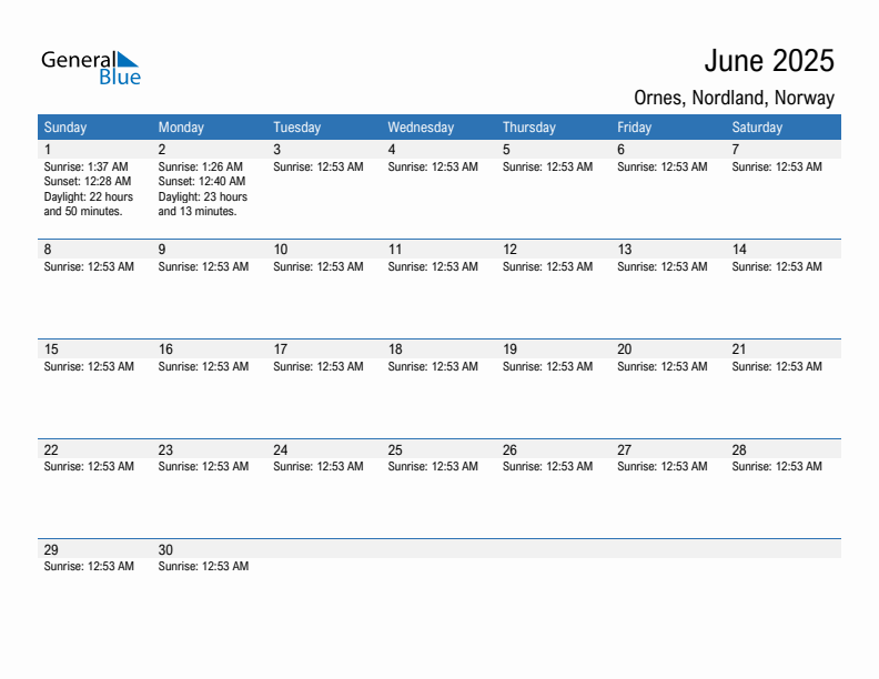 Ornes June 2025 sunrise and sunset calendar in PDF, Excel, and Word