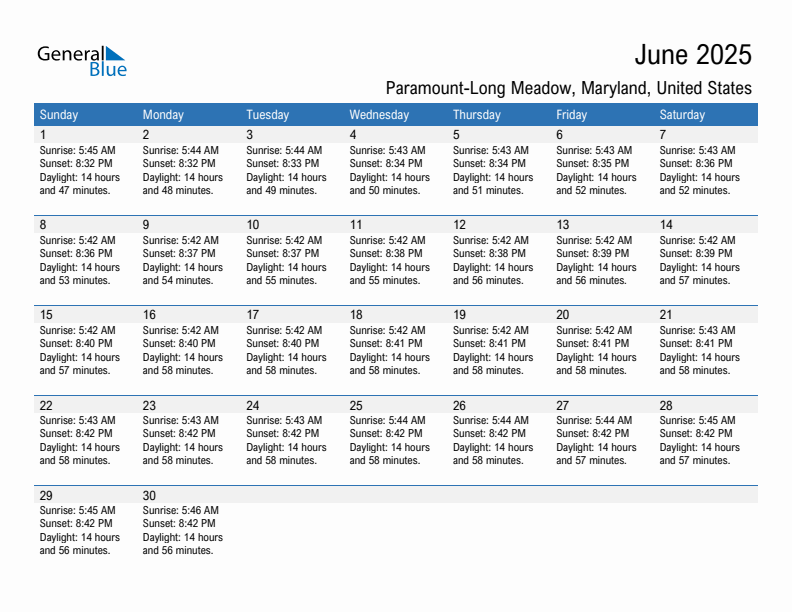 Paramount-Long Meadow June 2025 sunrise and sunset calendar in PDF, Excel, and Word