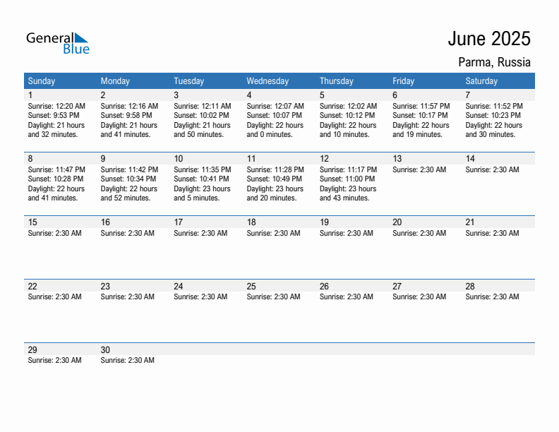 Parma June 2025 sunrise and sunset calendar in PDF, Excel, and Word