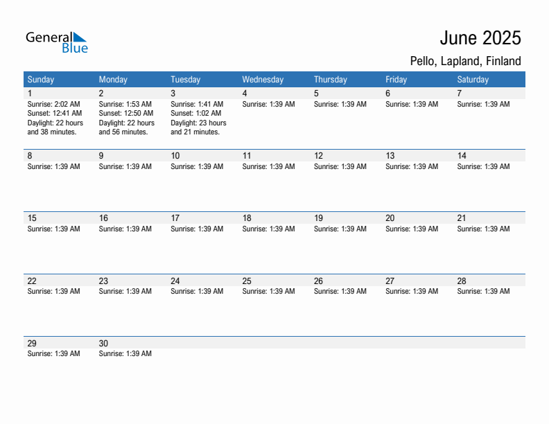 Pello June 2025 sunrise and sunset calendar in PDF, Excel, and Word