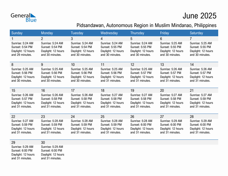 Pidsandawan June 2025 sunrise and sunset calendar in PDF, Excel, and Word