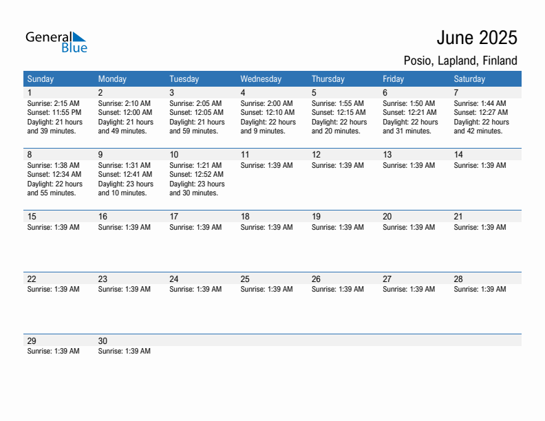 Posio June 2025 sunrise and sunset calendar in PDF, Excel, and Word