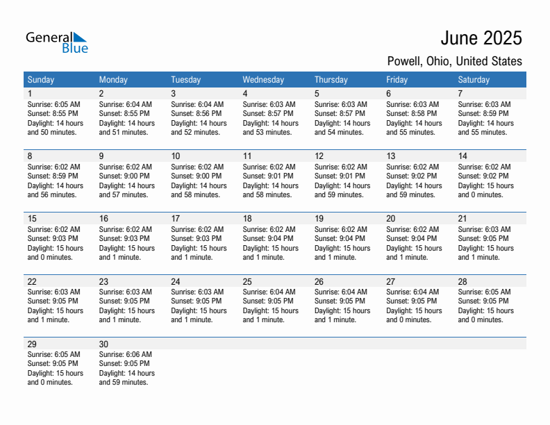 Powell June 2025 sunrise and sunset calendar in PDF, Excel, and Word