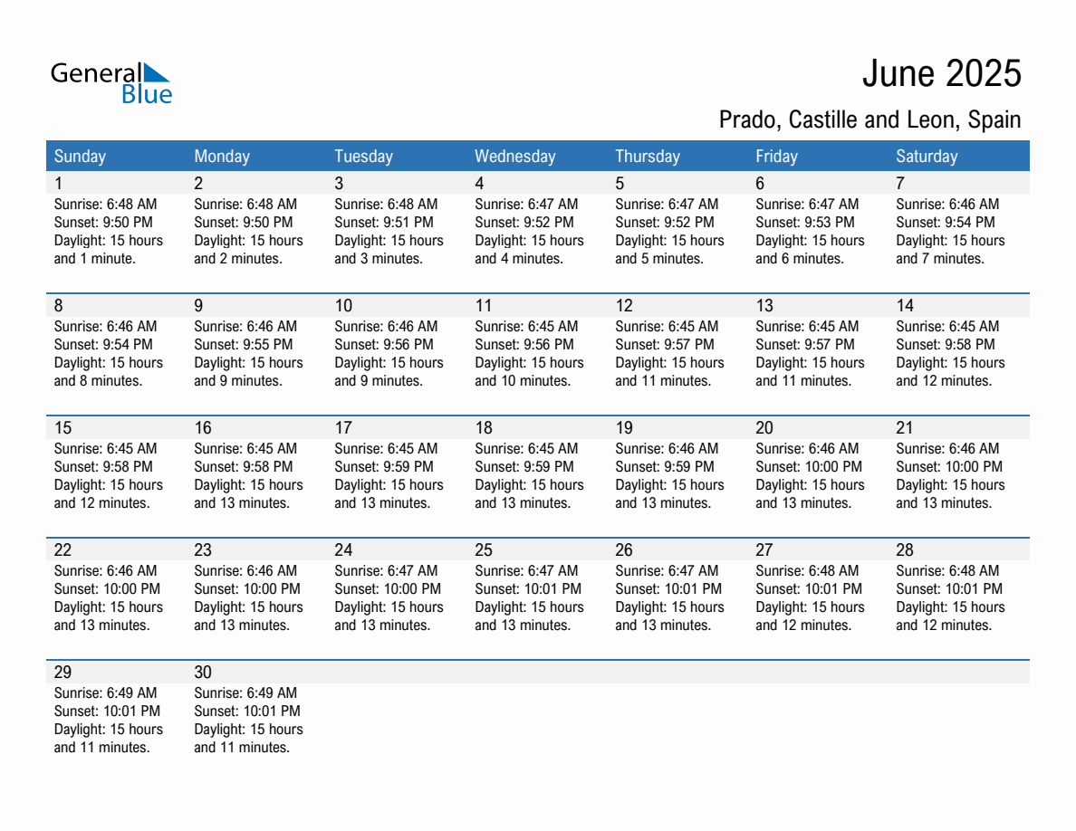 June 2025 sunrise and sunset calendar for Prado