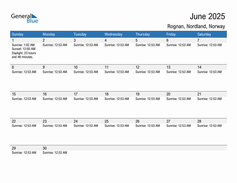 Rognan June 2025 sunrise and sunset calendar in PDF, Excel, and Word