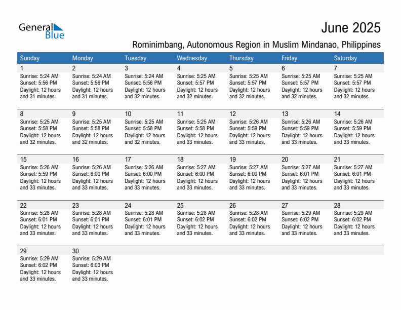 Rominimbang June 2025 sunrise and sunset calendar in PDF, Excel, and Word