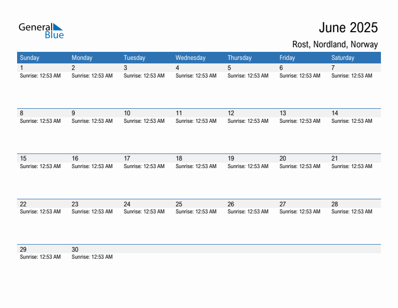 Rost June 2025 sunrise and sunset calendar in PDF, Excel, and Word