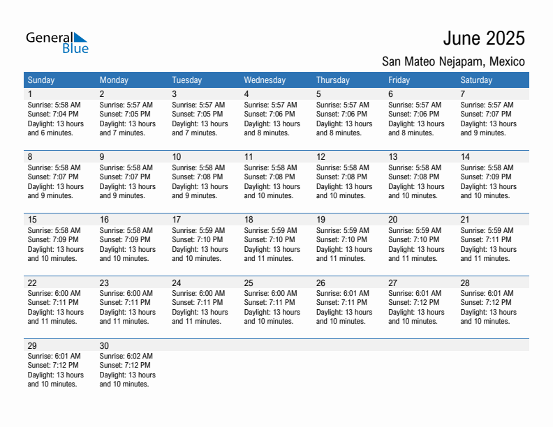 San Mateo Nejapam June 2025 sunrise and sunset calendar in PDF, Excel, and Word